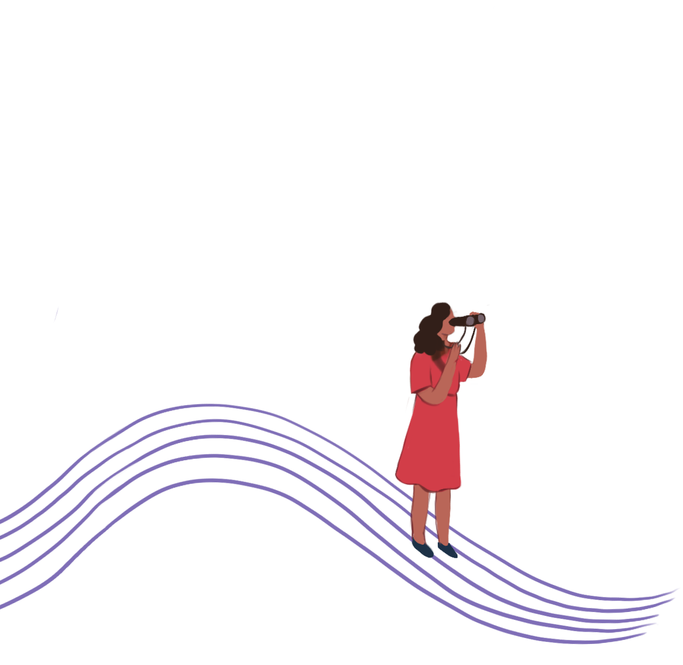 An illustrated woman in a red dress gazing into the forest through binoculars