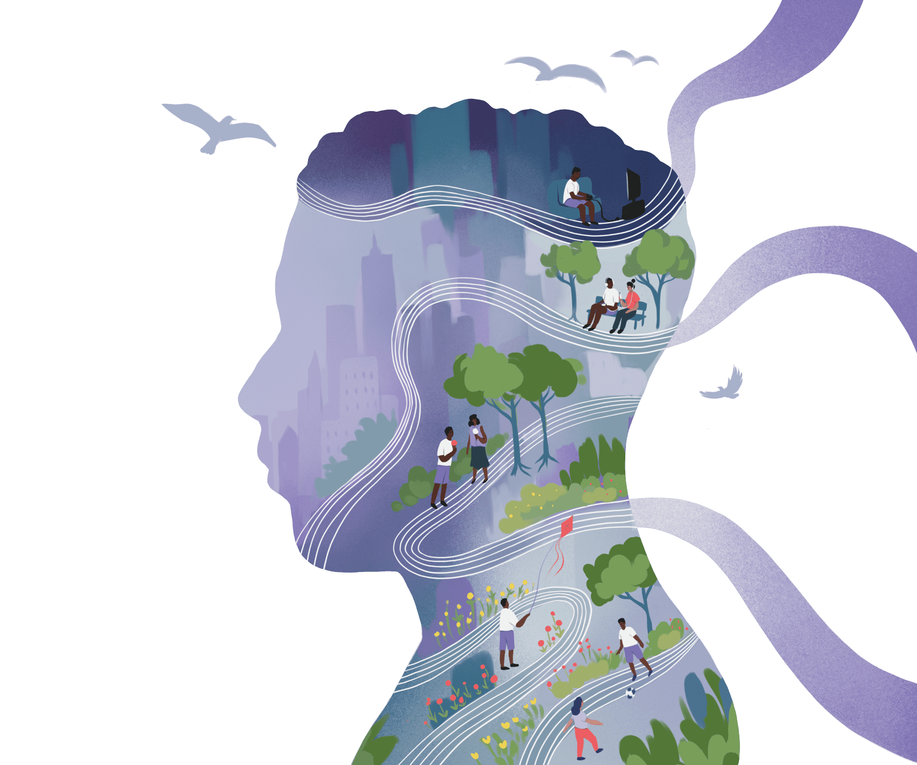 An illustrated man‘s profile housing some of his day, including kite-flying at a park in the middle of a city